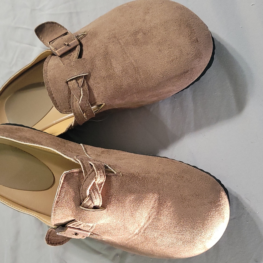 Brown Suede Mules with Strap and Rounded Toe Size 9.5
